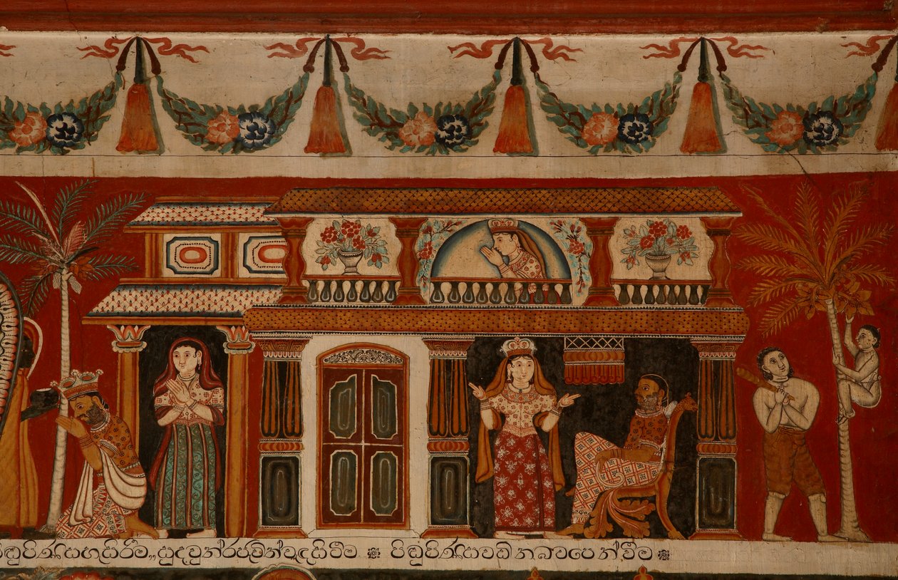 Wandgemälde eines singhalesischen Hauses im Subdharama-Tempel, Dehiwala von Sri Lankan School