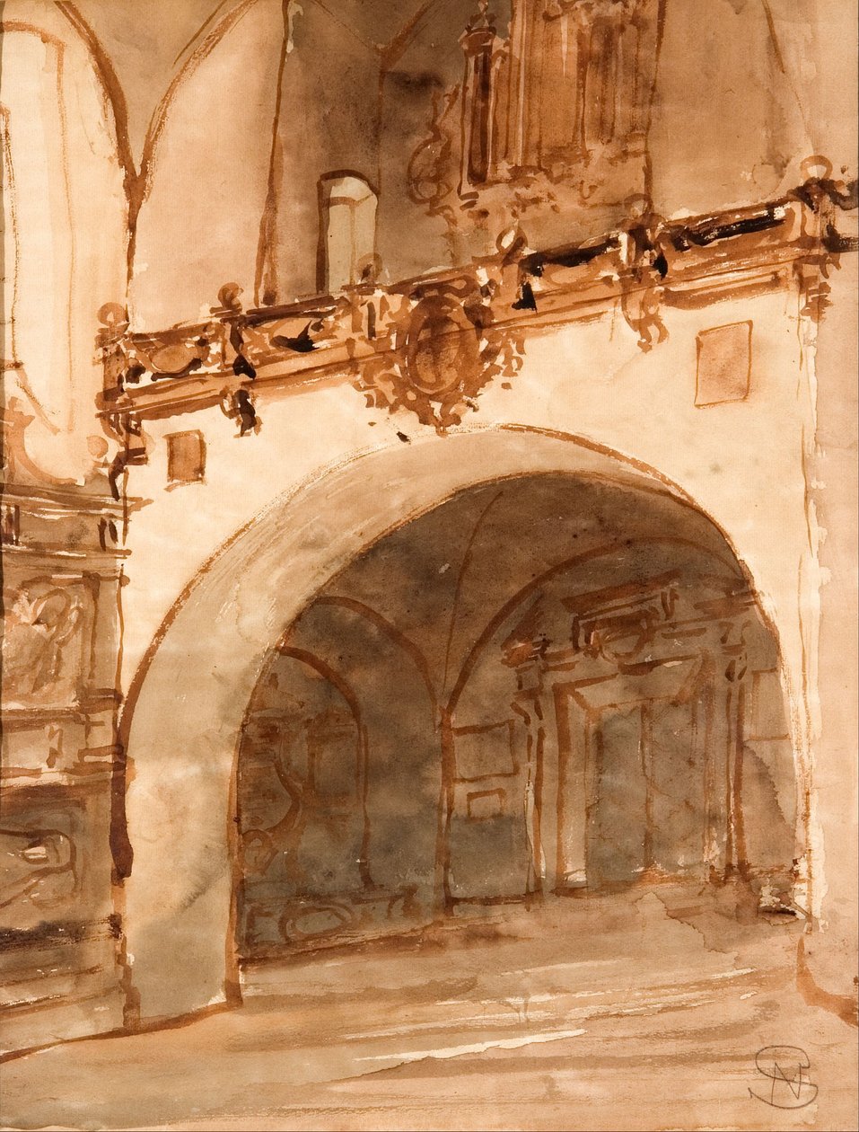 Kircheninneres. Blick auf die Vorhalle und die Orgelempore von Stanisław Noakowski