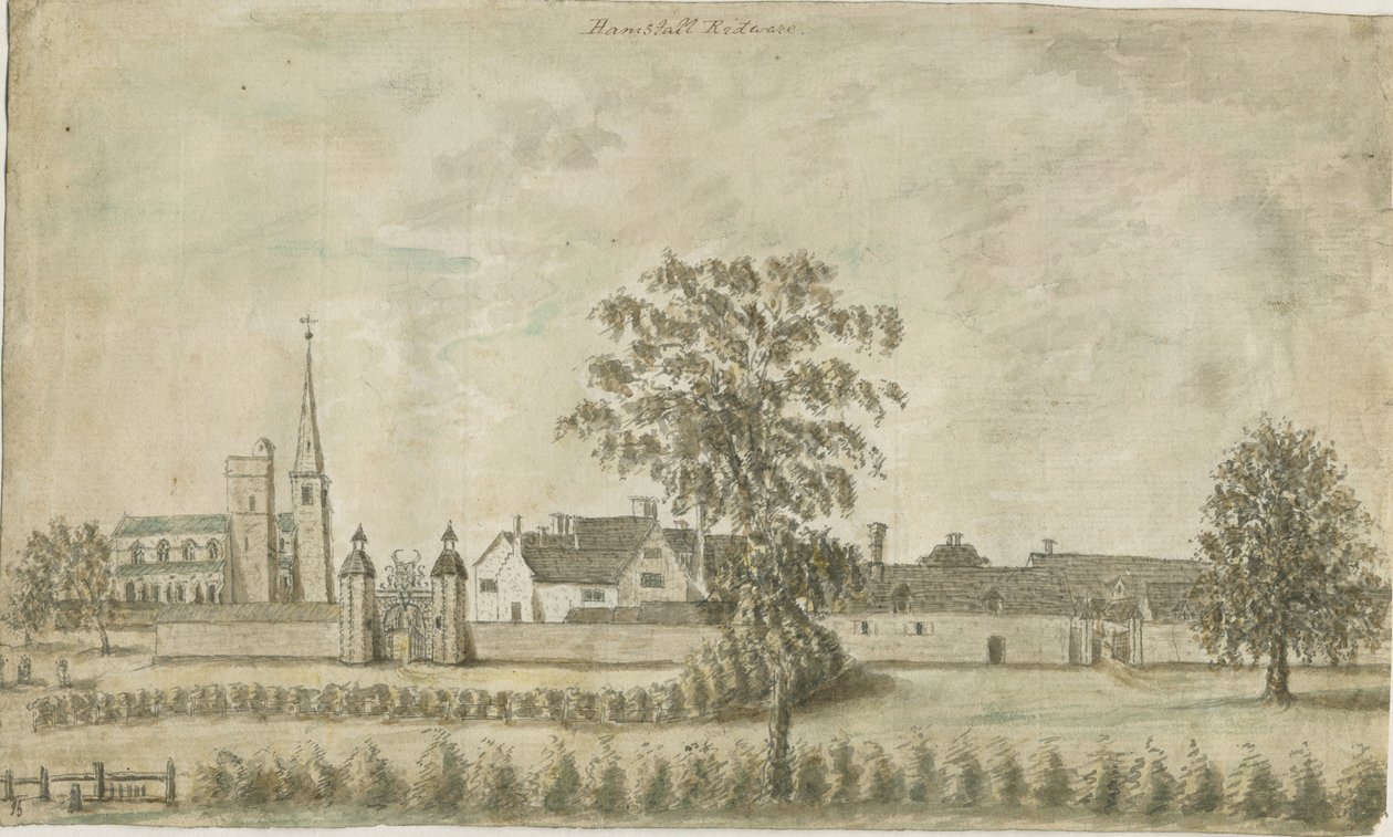 Hamstall Ridware - Kirche und Herrenhaus: Aquarellzeichnung, undatiert [1762-1802] von Stebbing Shaw