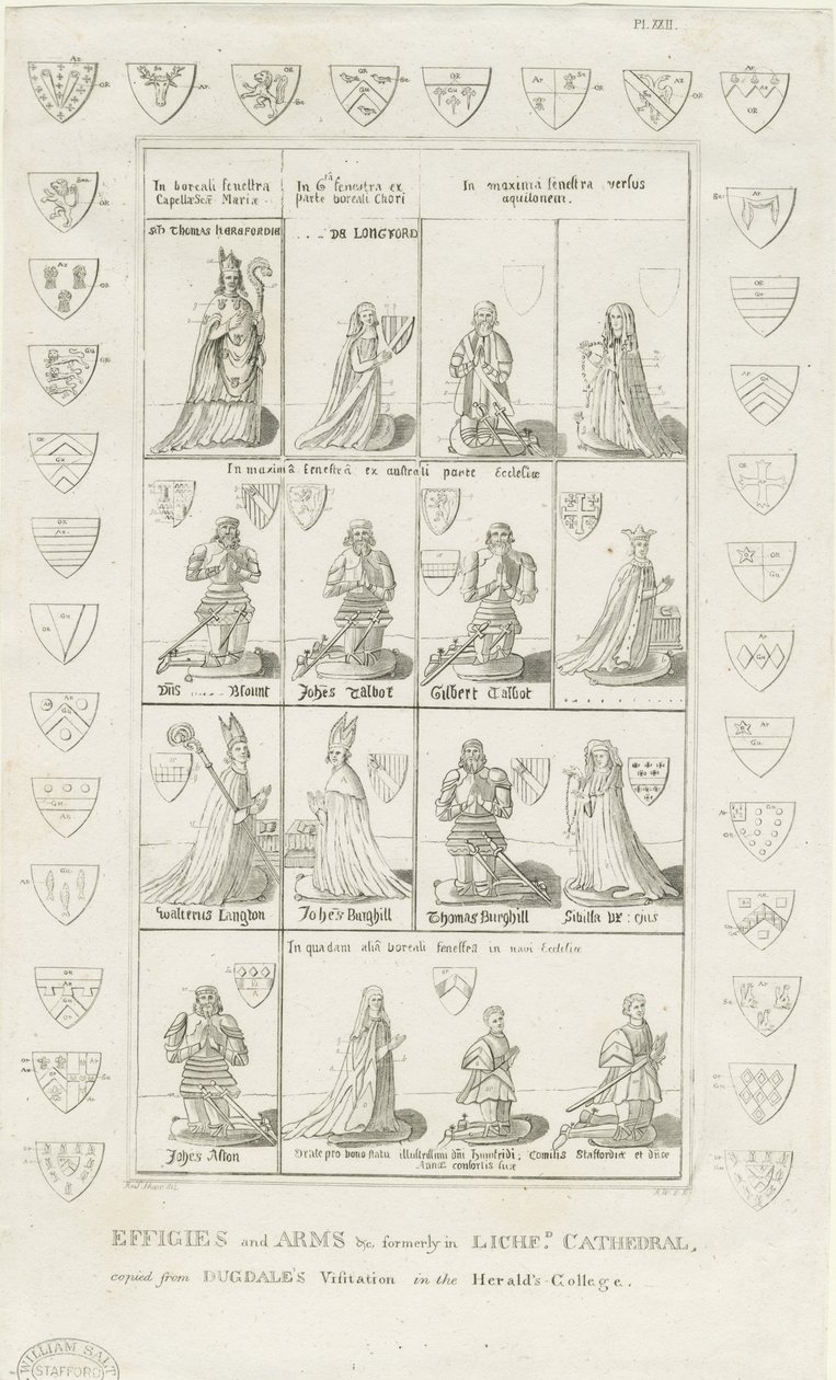 Lichfield Kathedrale - Effigien und Wappen (Stich) von Stebbing Shaw