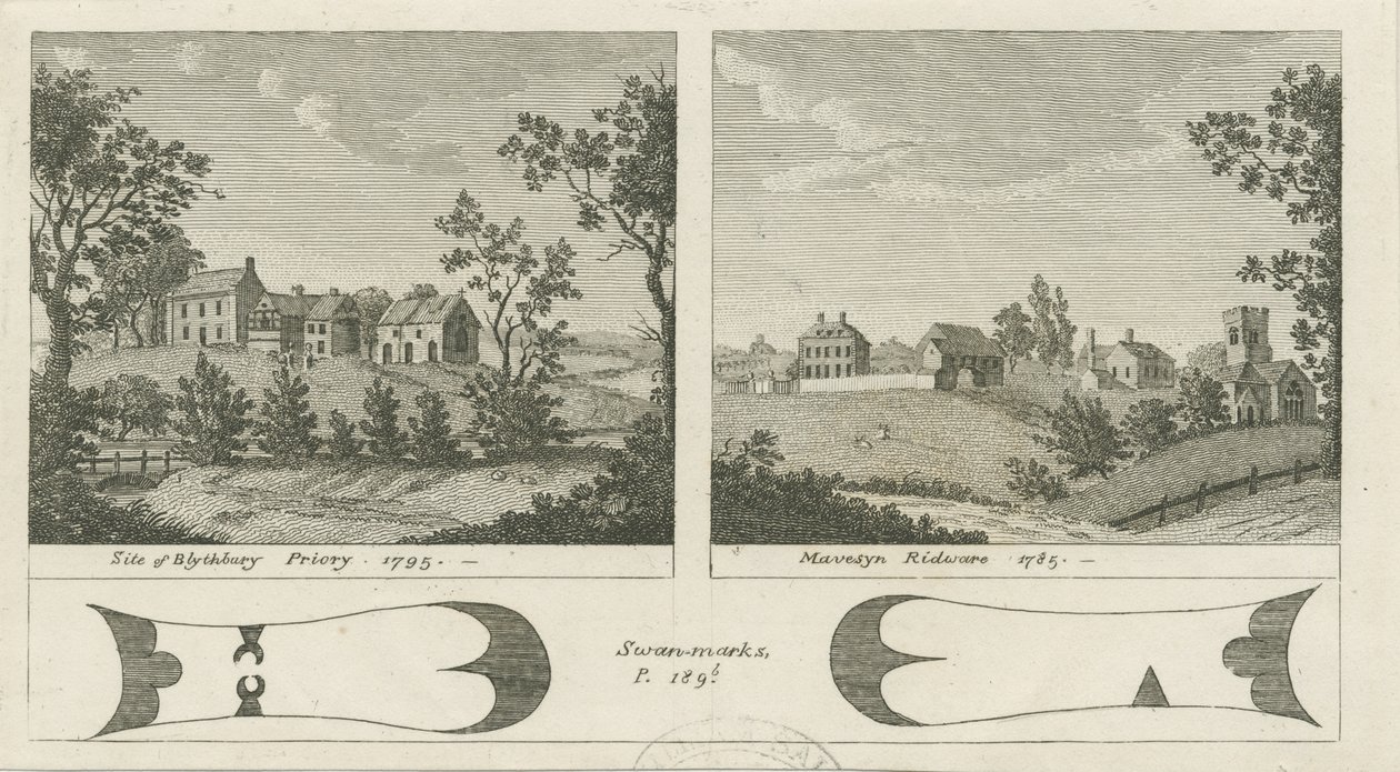 Mavesyn Ridware - Standort des Blythbury Priory: Gravur, 1795 von Stebbing Shaw