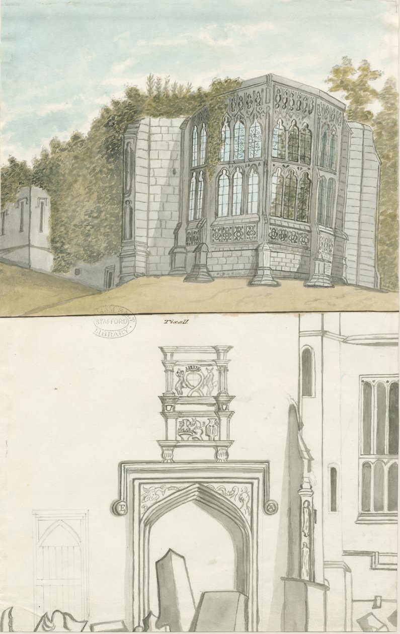 Tixall - Gotisches Fenster und heraldische Antiquitäten: Aquarell, undatiert [1762-1802] von Stebbing Shaw