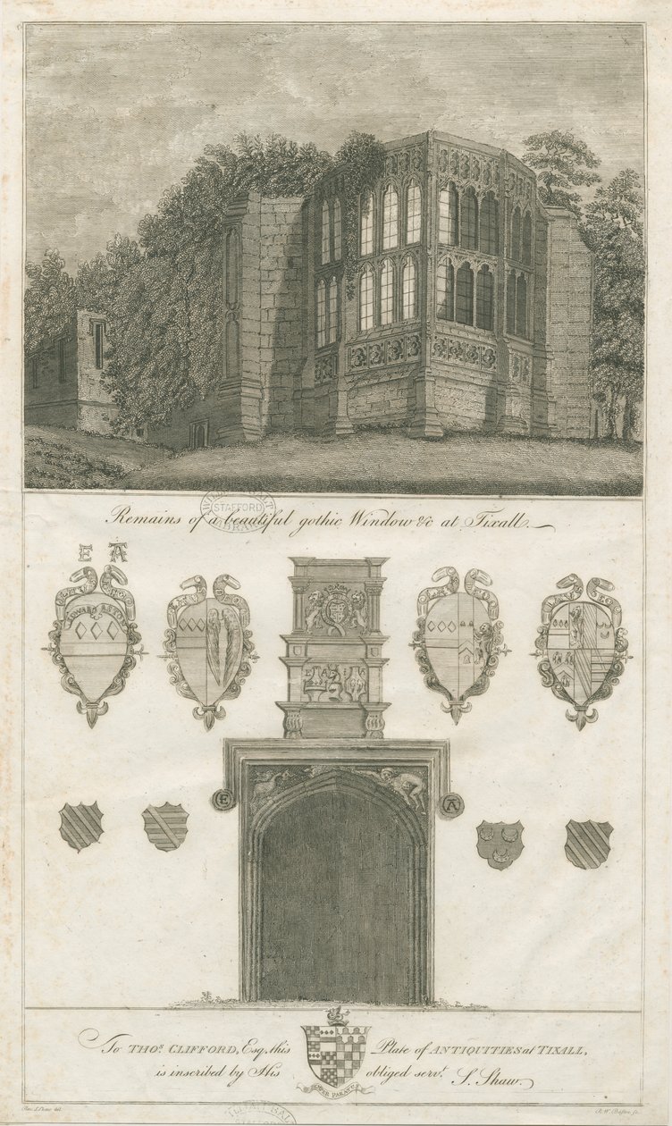 Tixall Hall - Gotisches Fenster und heraldische Antiquitäten: Gravur, undatiert [1762-1802] von Stebbing Shaw