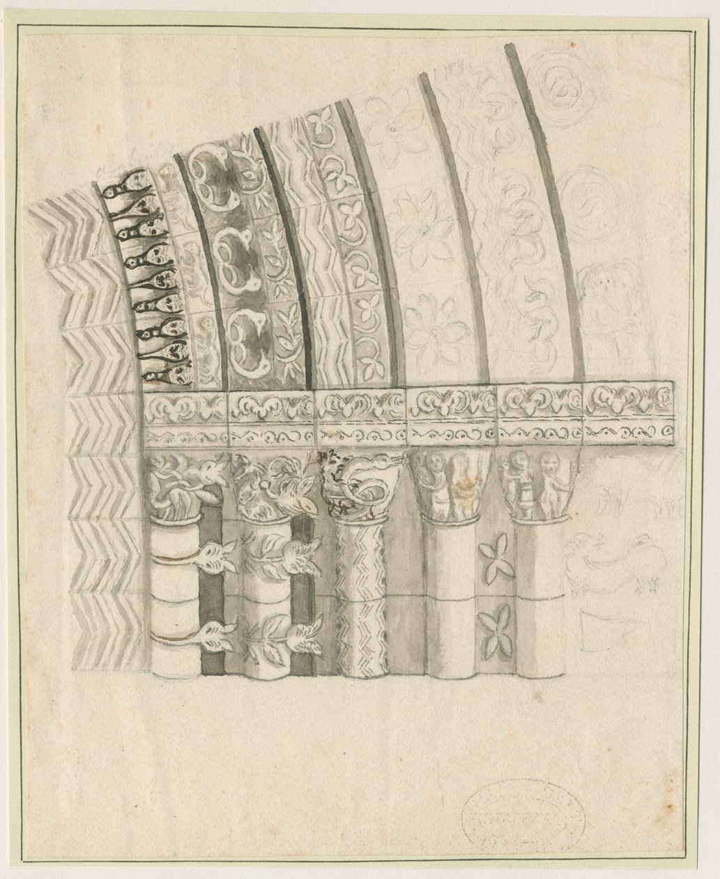 Tutbury Priory Church - Westportal: Feder- und Sepiazeichnung, undatiert [1762-1802] von Stebbing Shaw