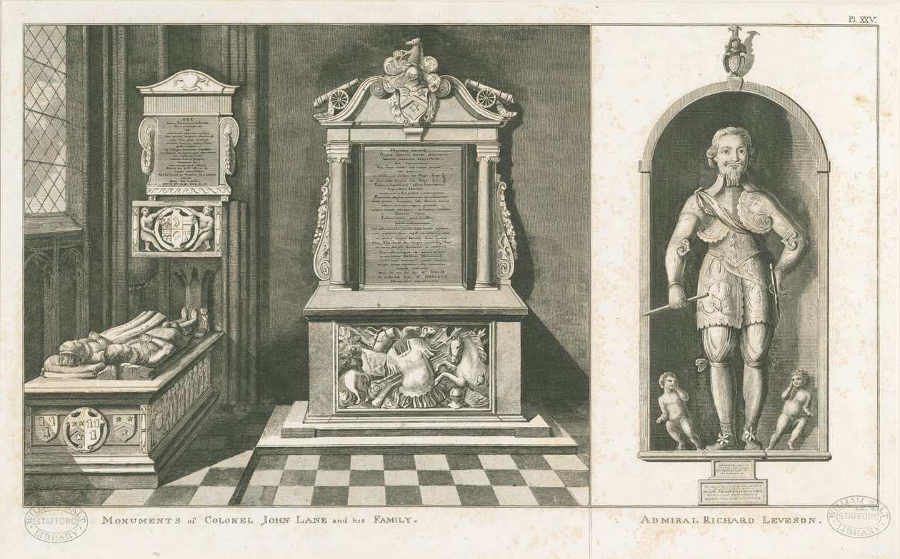 Wolverhampton - Denkmäler von Colonel John Lane und Admiral Richard Leveson: Gravur, undatiert [ca. 1798] von Stebbing Shaw
