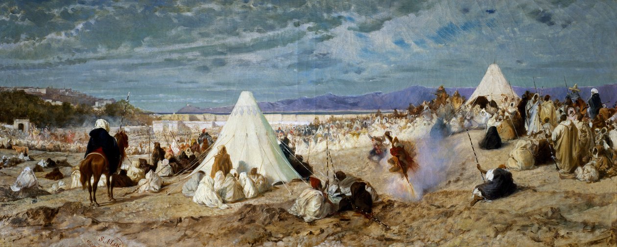 Feier des Mohammed in Tanger, Gemälde von Stefano Ussi (1822-1901), Öl auf Leinwand, 48,5 x 117,5 cm von Stefano Ussi