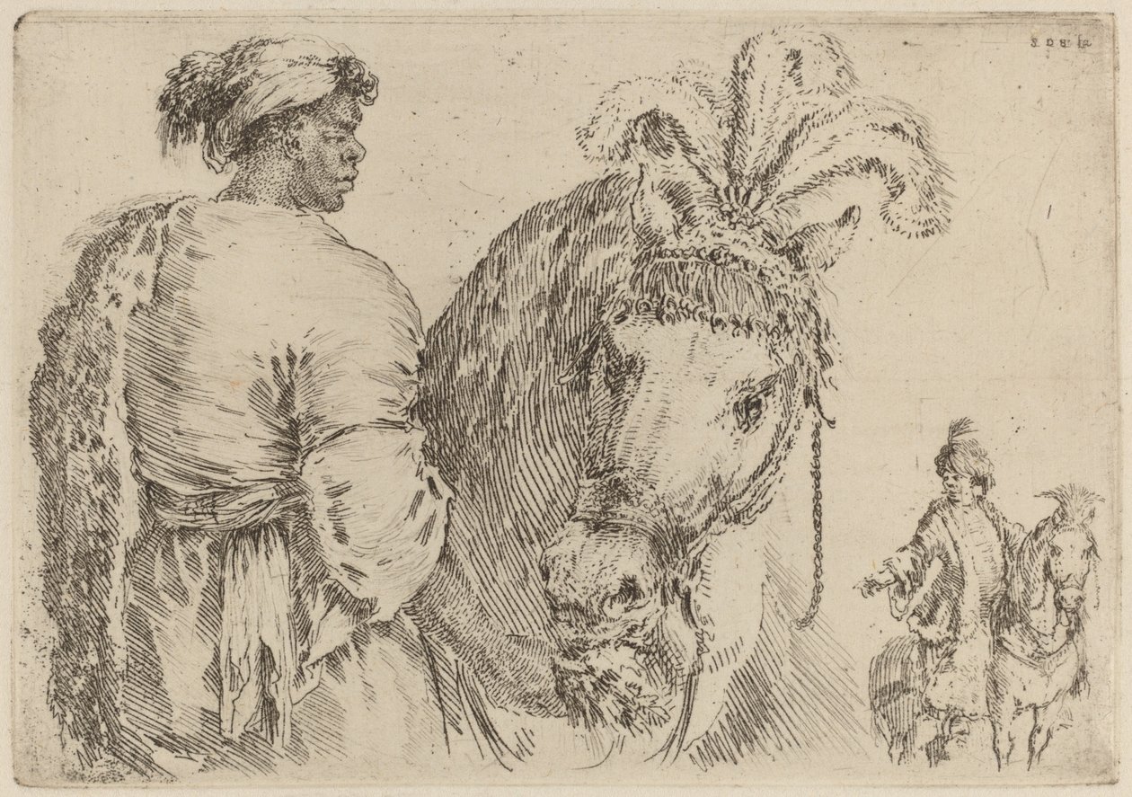 Ein schwarzer Mann füttert ein Pferd von Stefano della Bella
