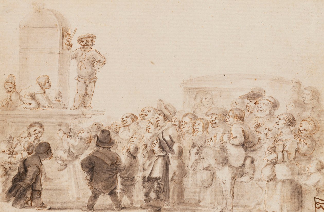 Eine Gruppe von Zwergen, die eine Puppenshow beobachten, mit einer Kutsche im Hintergrund von Stefano della Bella