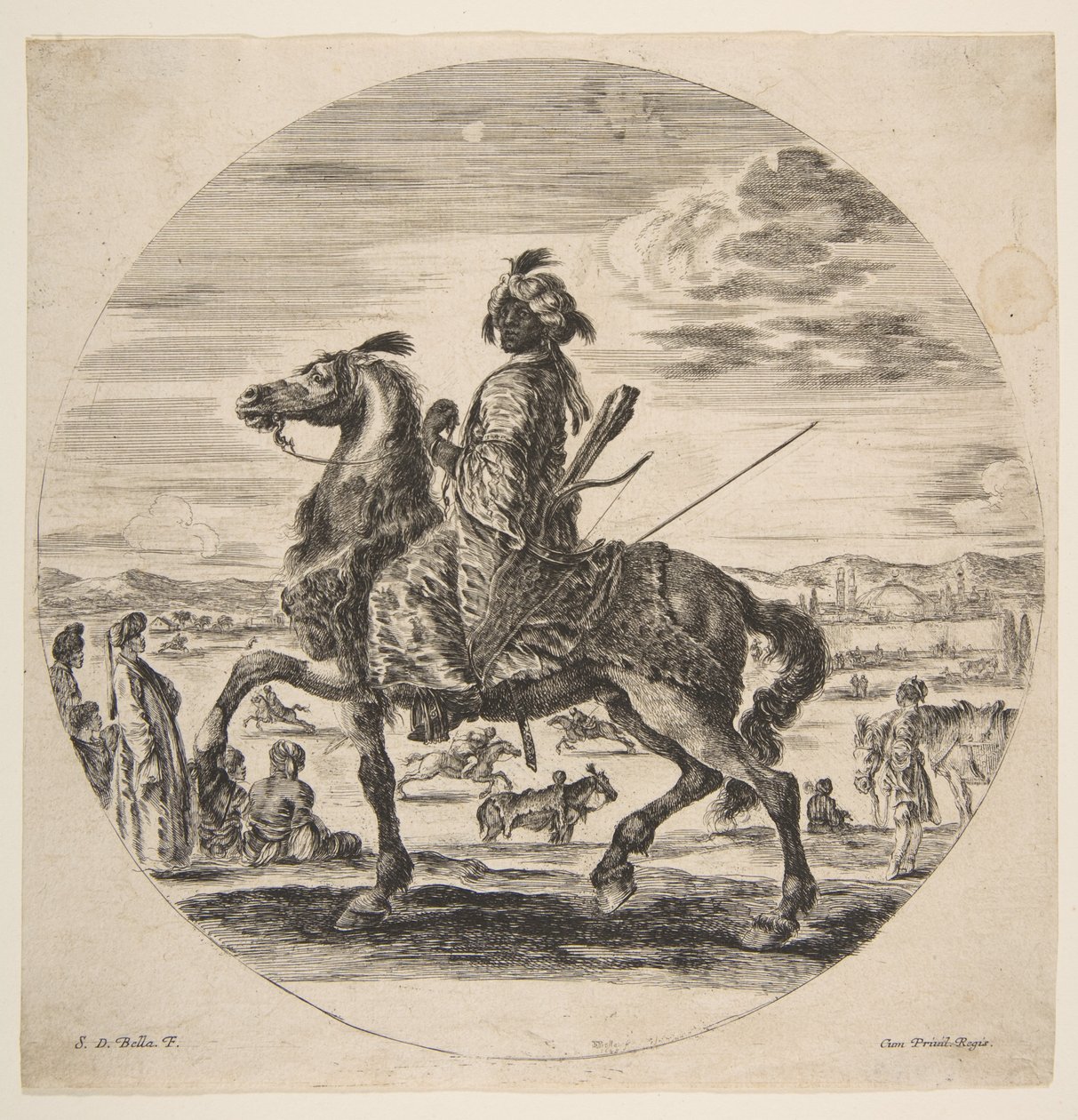Ein maurischer Reiter nach links, stehende und sitzende Türken im Mittelgrund, ca. 1651 von Stefano della Bella