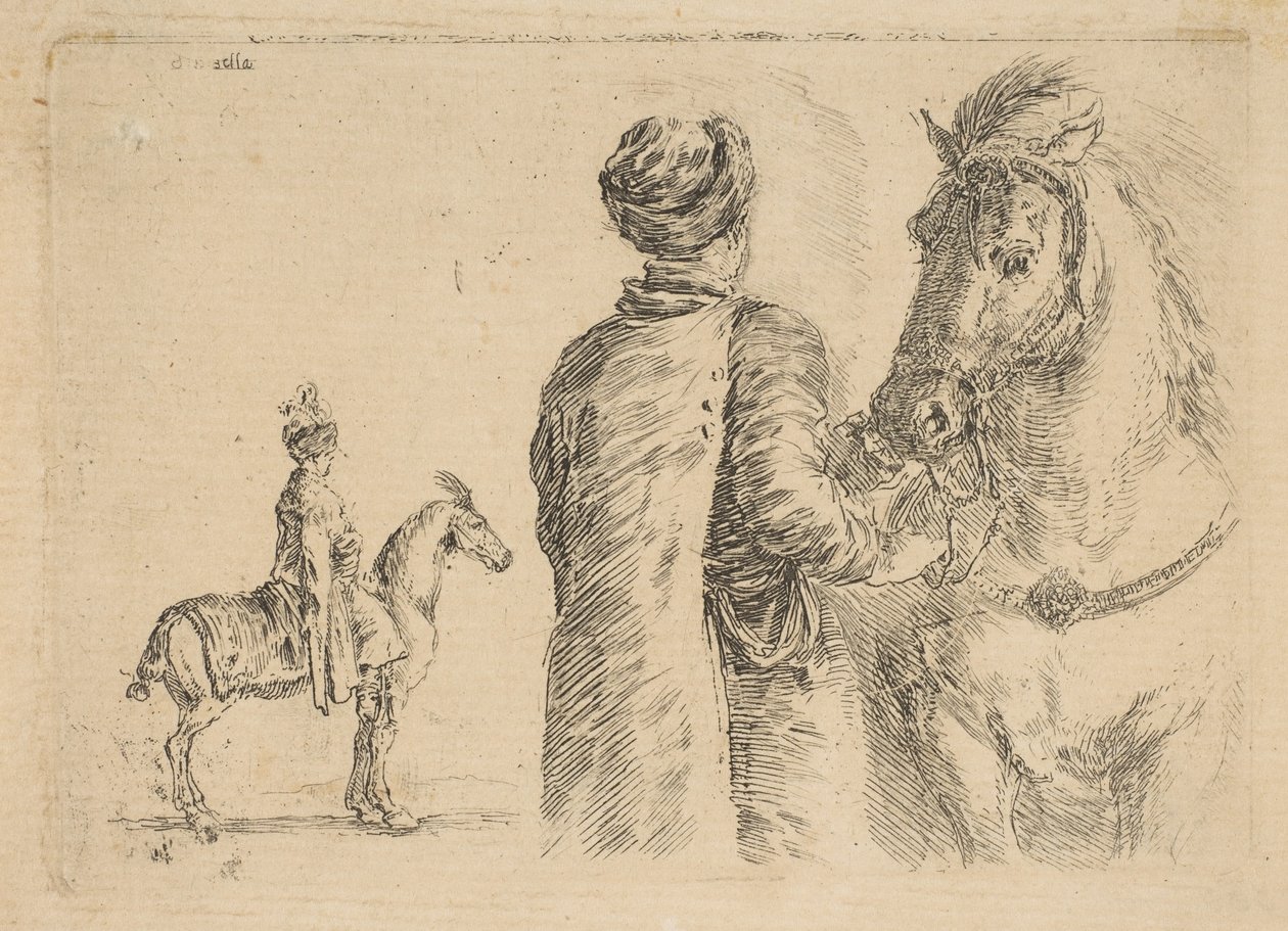 Ein polnischer Stallknecht, von hinten, hält ein Pferd am Zügel, ca. 1662 von Stefano della Bella