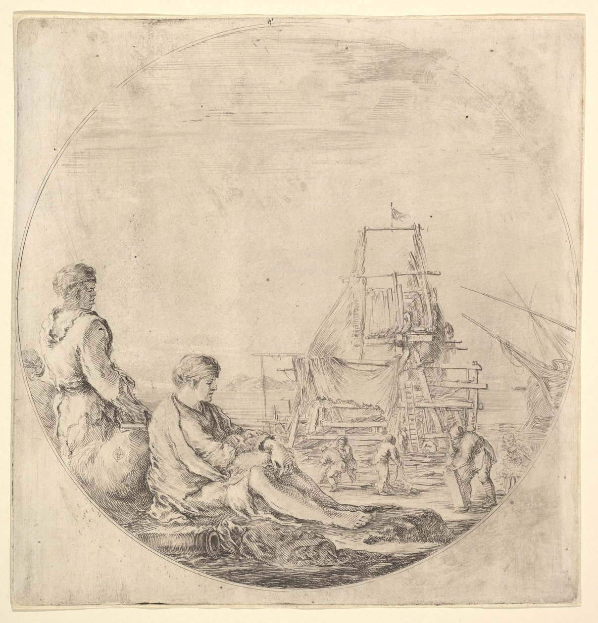 Ein schwarzer Matrose steht links, im Profil nach rechts, ein weißer Matrose sitzt..., ca. 1658-63 von Stefano della Bella