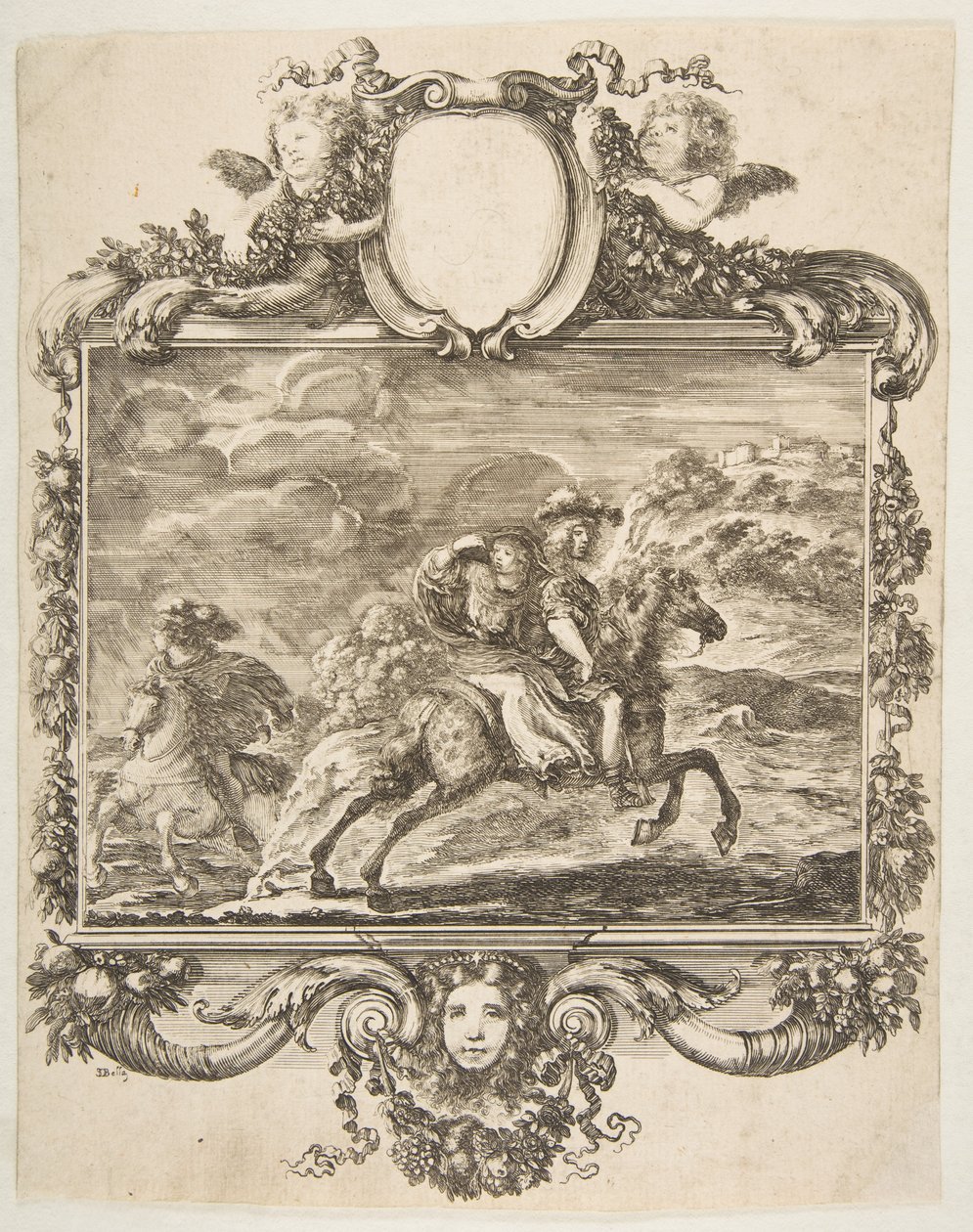 Ein Kavalier und eine Dame zu Pferd, innerhalb eines verzierten Rahmens mit Früchten von Stefano della Bella