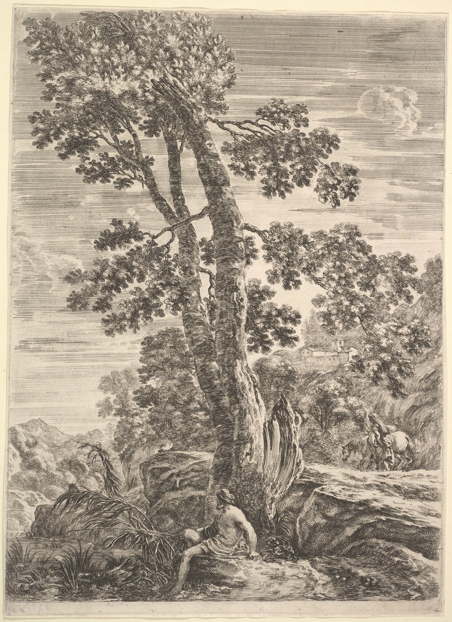 Ein Fischer in der Mitte nach links gewandt und an einen großen Baum gelehnt, eine Frau geht..., ca. 1652-57 von Stefano della Bella