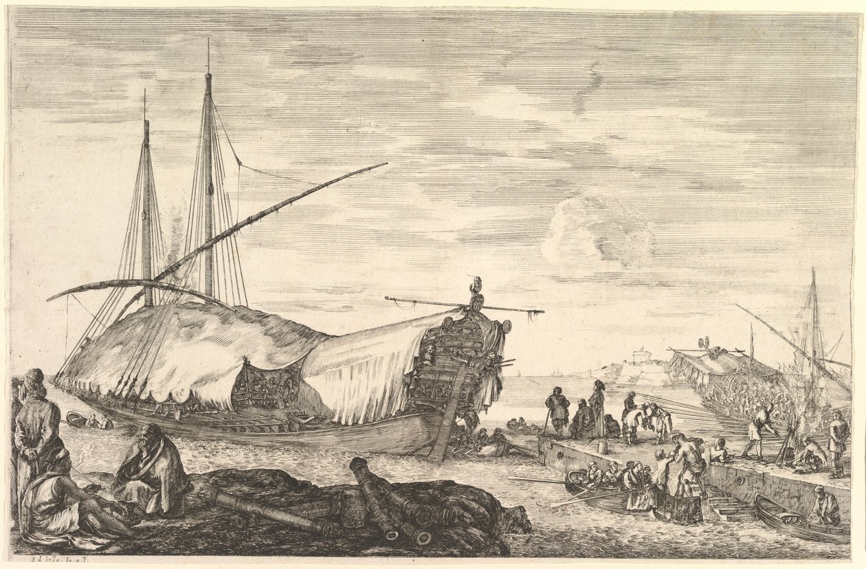 Eine Galeere mit Segeln nach links, sechs Kanonen und vier Personen im Vordergrund, ca. 1652-57 von Stefano della Bella