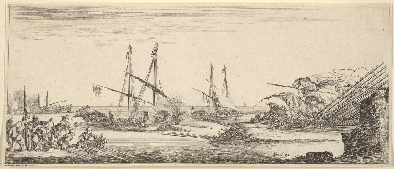 Eine Seeschlacht, ein Ruderboot voller Männer links, ein sinkendes Schiff rechts, zwei Galeeren kämpfen von Stefano della Bella