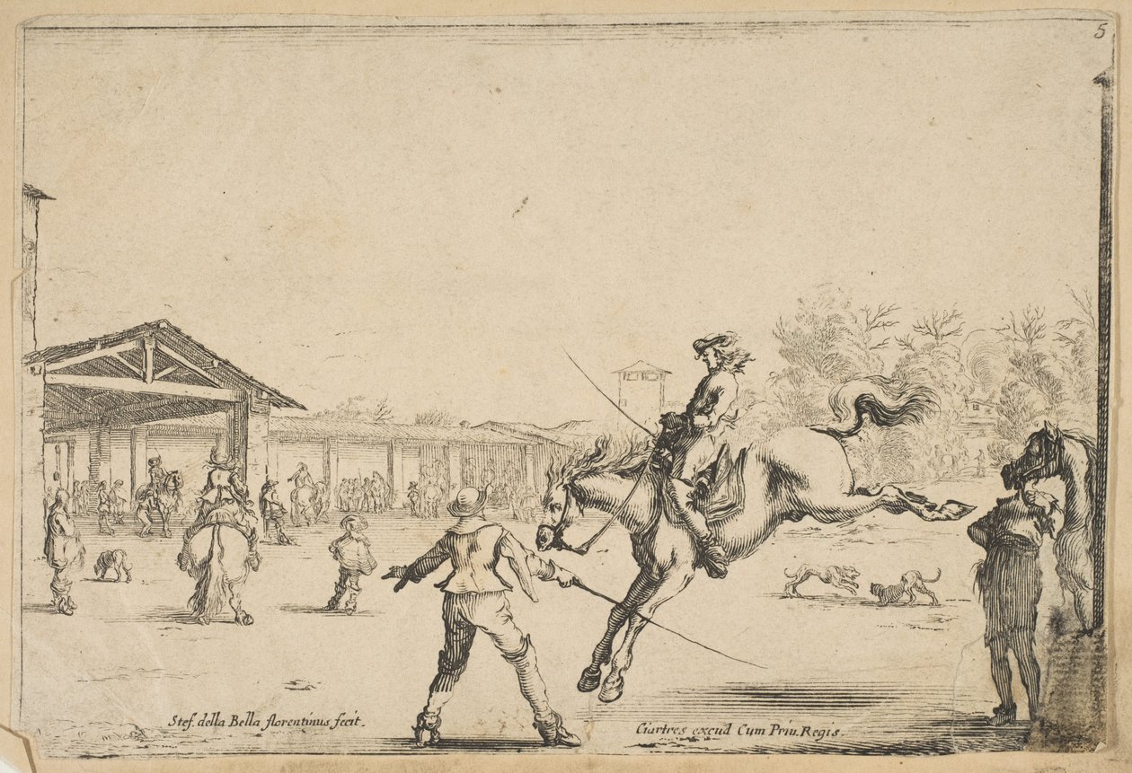 Eine Reitschule, ein Reiter mit Schwert springt, geleitet von einem anderen Mann mit Schwert, ca. 1645 von Stefano della Bella