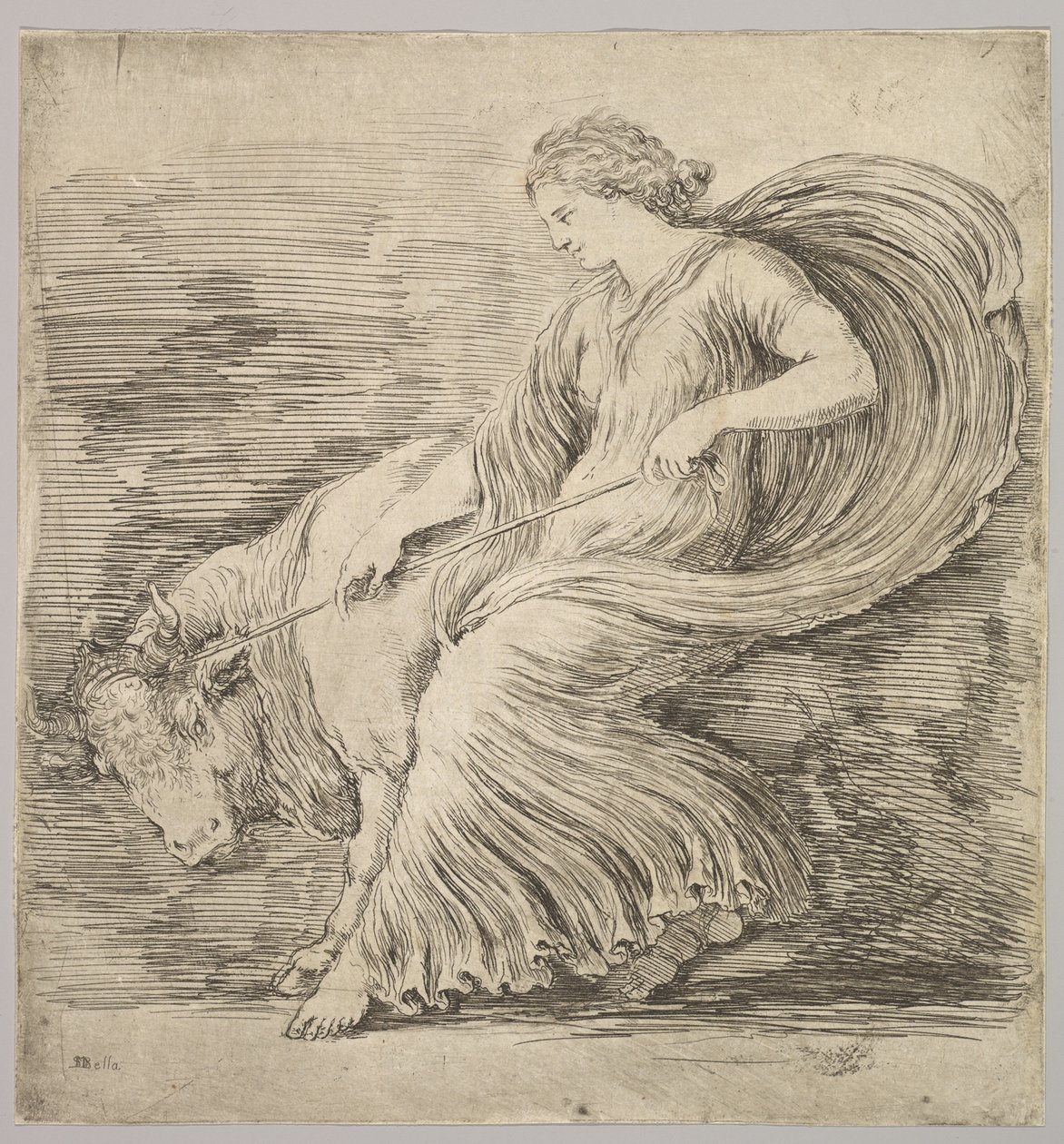Eine Frau im Profil, die an einem Seil zieht, das um die Hörner eines jungen Stiers gebunden ist, ca. 1660 von Stefano della Bella