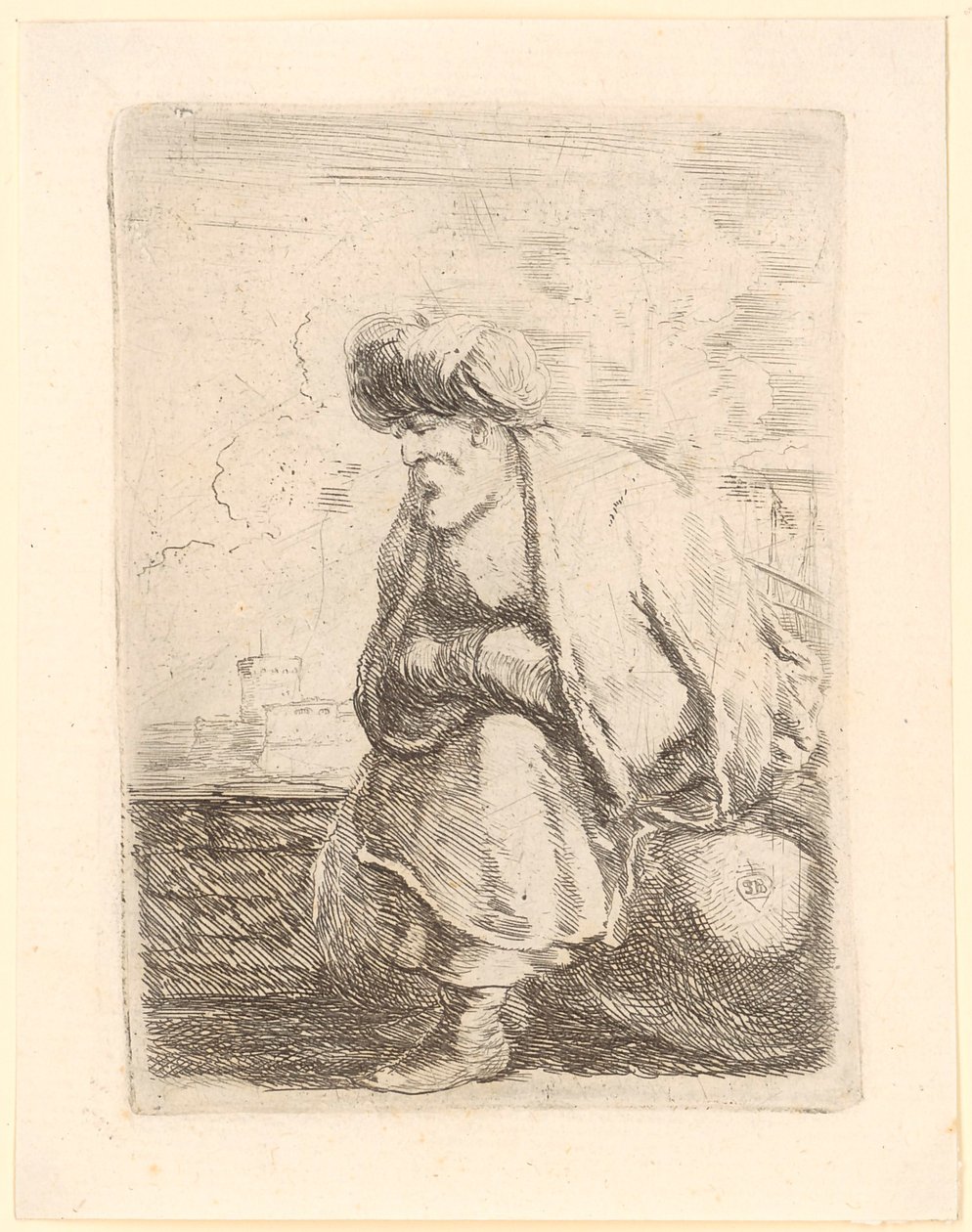 Alter Türke mit Mantel und Turban sitzt auf einem Stein von Stefano della Bella