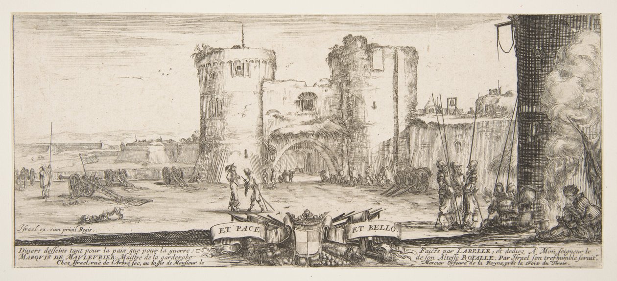 Ein Eingang zu einer Festung in der Mitte, eine Frau mit Kind sitzt rechts am Feuer, ca. 1641 von Stefano della Bella