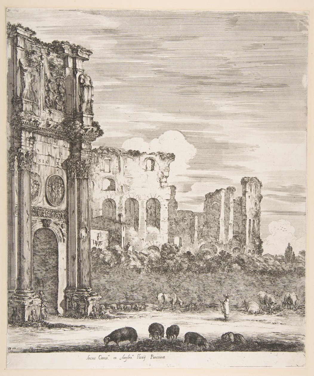 Konstantinsbogen und Kolosseum mit weidenden Schafen im Vordergrund, aus Sechs große Ansichten, 1656 von Stefano della Bella