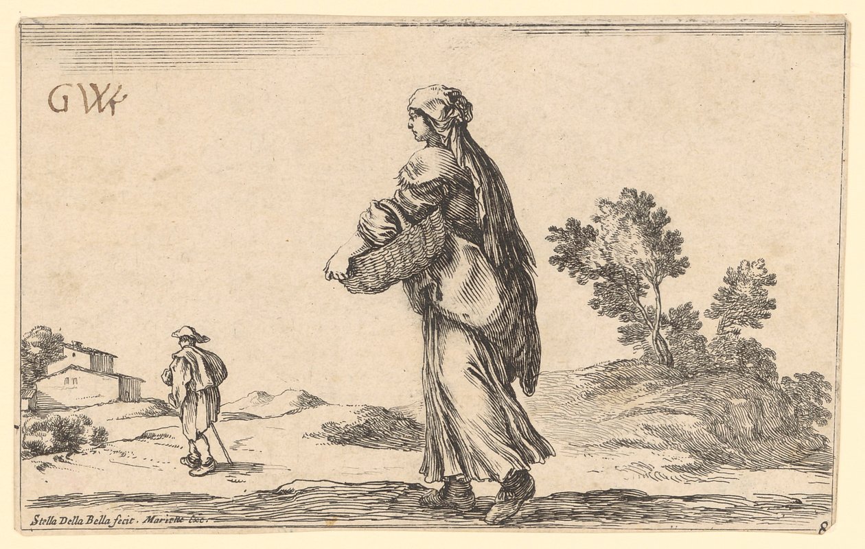 Bäuerin mit Korb in seitlicher Rückenansicht nach links, vor ihr nach links ein Reisender von Stefano della Bella