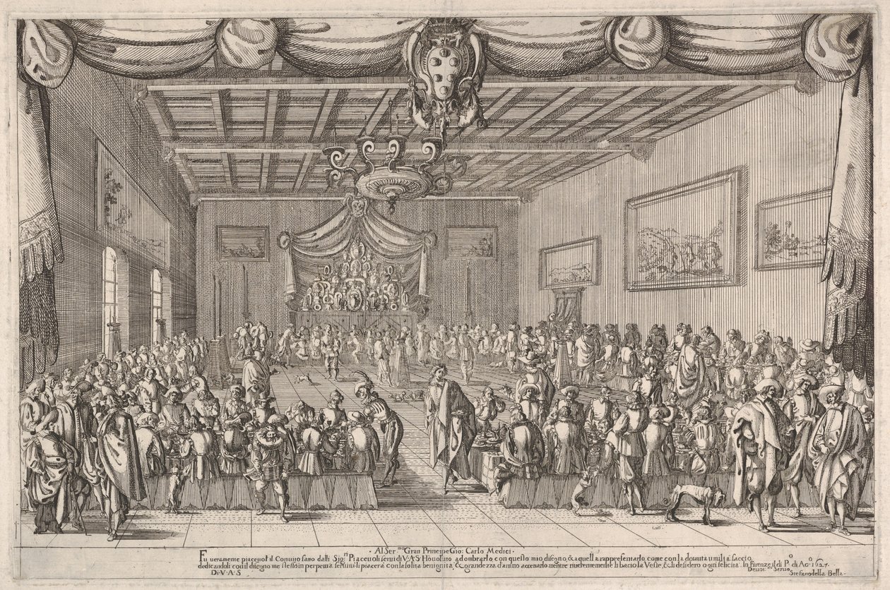 Bankett der Piacevoli, Medici-Wappen oben in der Mitte von Stefano della Bella