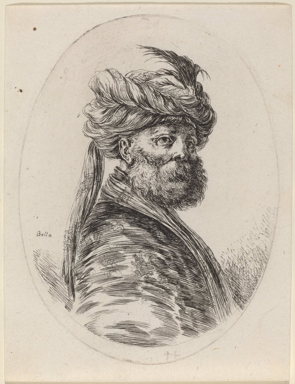 Bärtiger Mohr in einem gefiederten Turban mit Schleier, nach rechts gewandt, 1649-1650 von Stefano della Bella