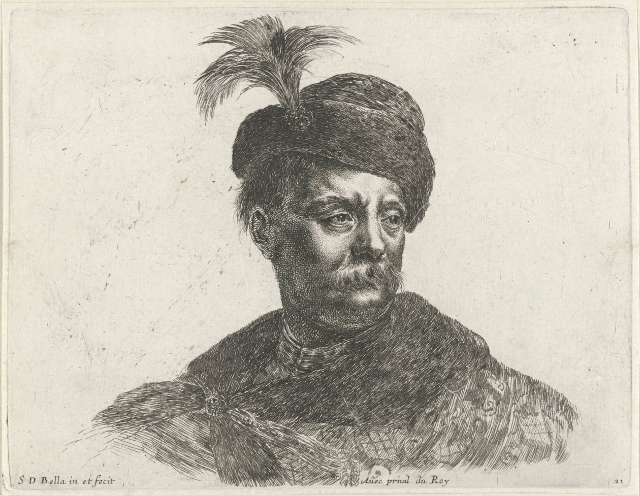 Büste eines polnischen Mannes mit Schnurrbart und Federhut Die Grundlagen des Zeichnens I principii del disegno von Stefano della Bella
