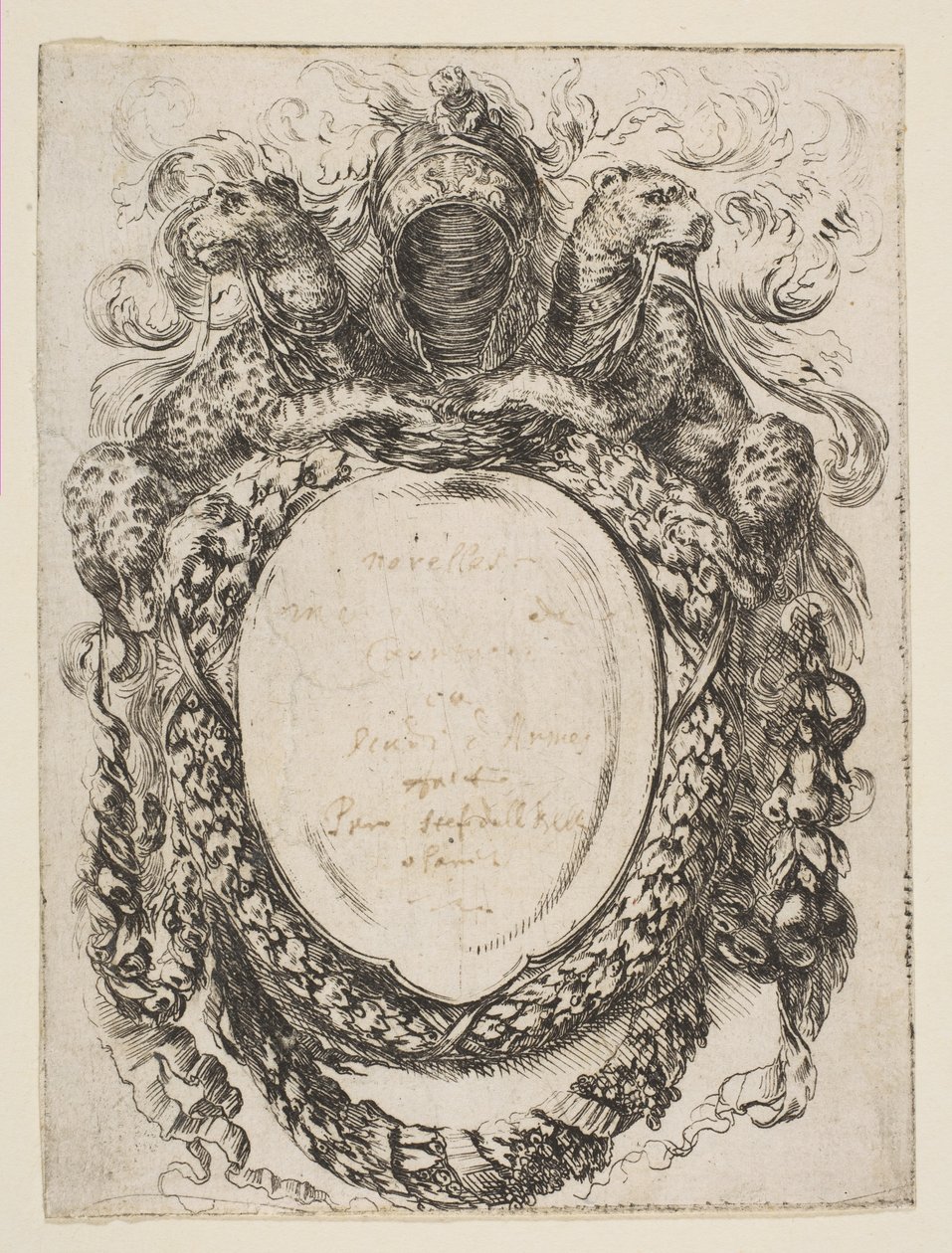 Kartusche gekrönt von Helm und Leoparden, 1647 von Stefano della Bella