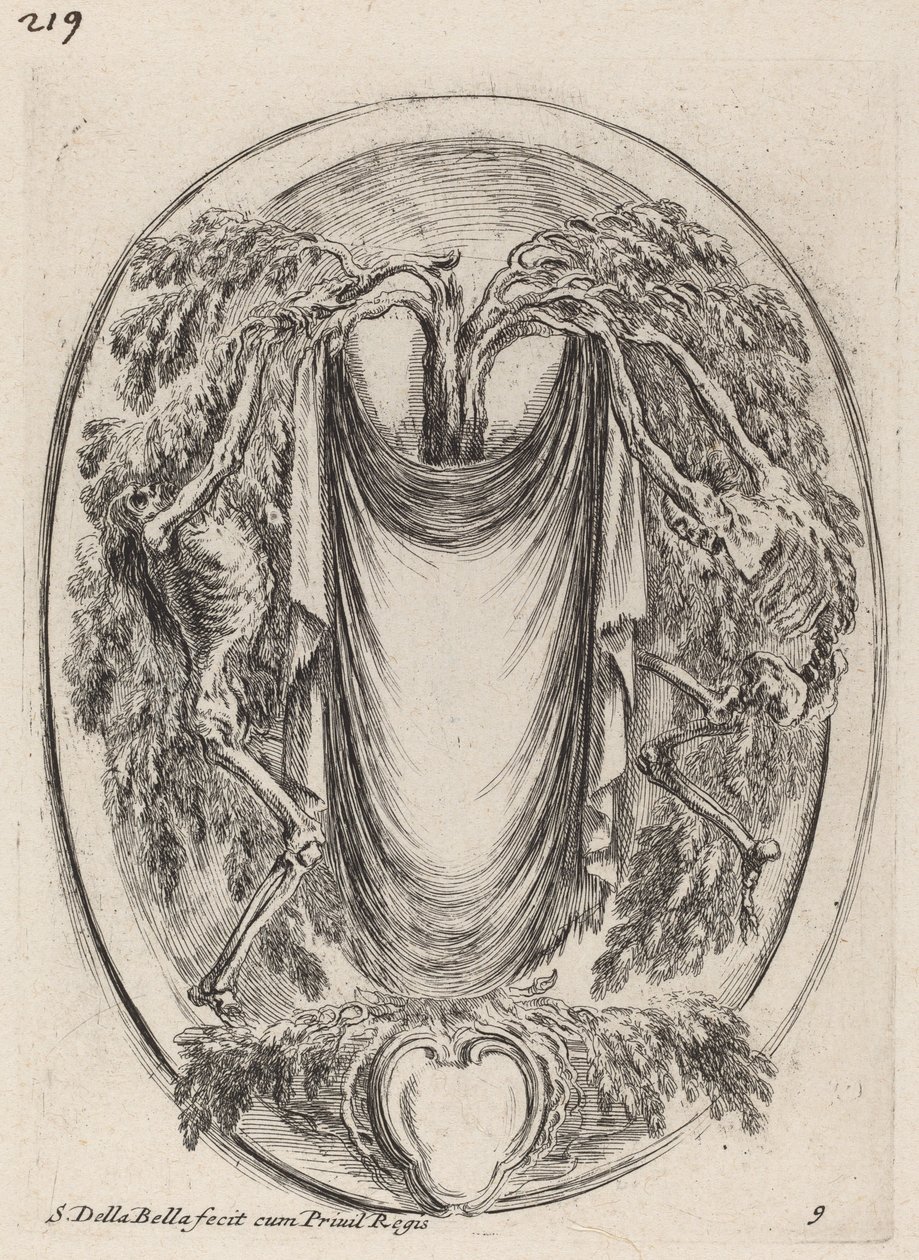 Kartusche in Form eines von einem Zypressenbaum hängenden Tuchs, flankiert von Skeletten von Stefano della Bella