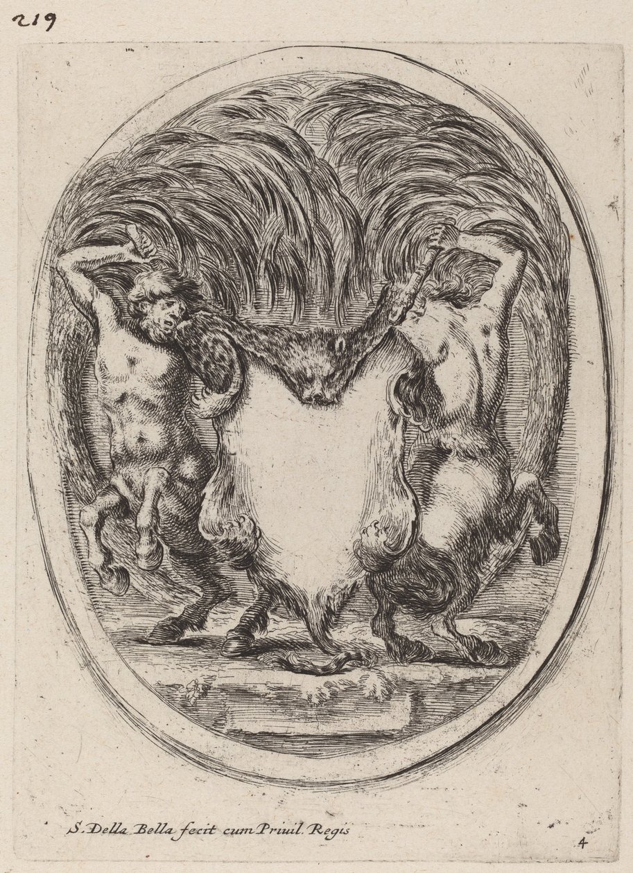 Kartusche in Form eines gehäuteten Tigers, unterstützt von Kentauren von Stefano della Bella