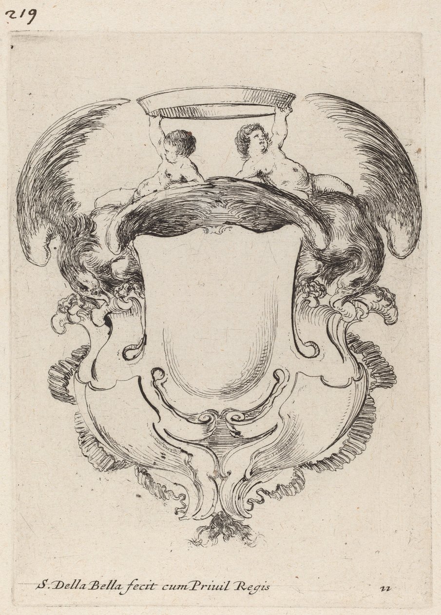 Kartusche mit Adlern und zwei Säuglingen, die eine Krone halten von Stefano della Bella