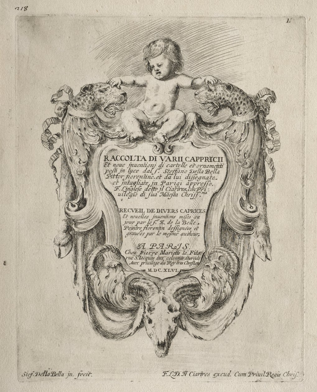 Sammlung verschiedener Capricen und neuer Entwürfe von Kartuschen und Ornamenten: Nr. 1, Titelseite von Stefano della Bella