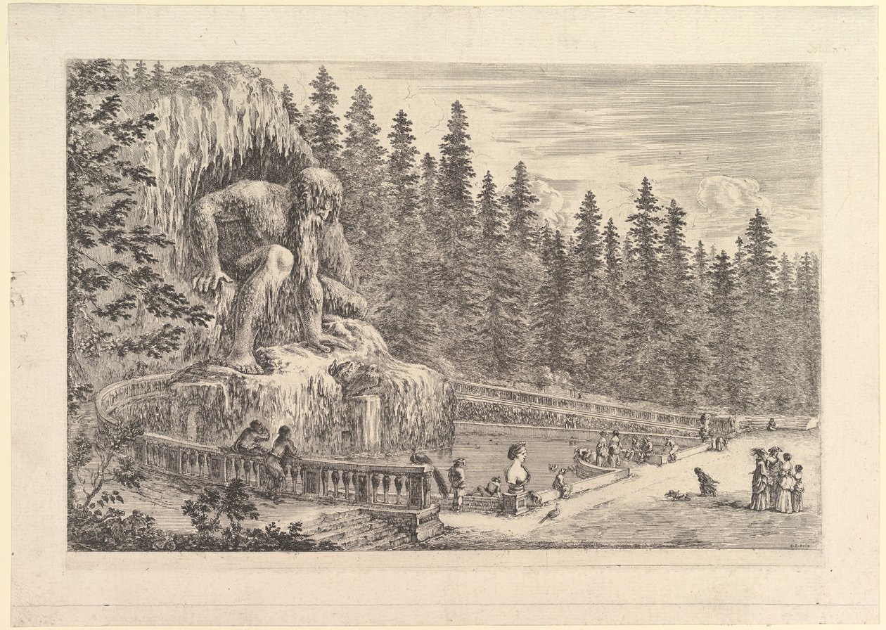 Kolossale Statue des Appenino von Giambologna links, dargestellt als riesiger Kauer..., ca. 1653 von Stefano della Bella