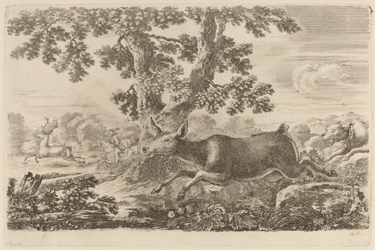Hirsch von einem Hund nach rechts gejagt von Stefano della Bella