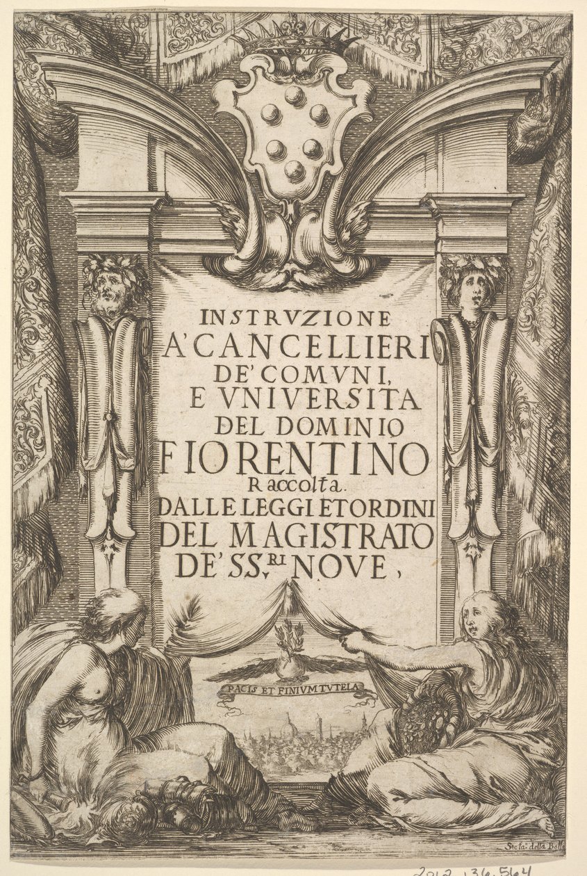 Frontispiz für Anweisungen für Kanzler Instruzione a Cancellieri: Medici-Wappen ..., 1635 von Stefano della Bella
