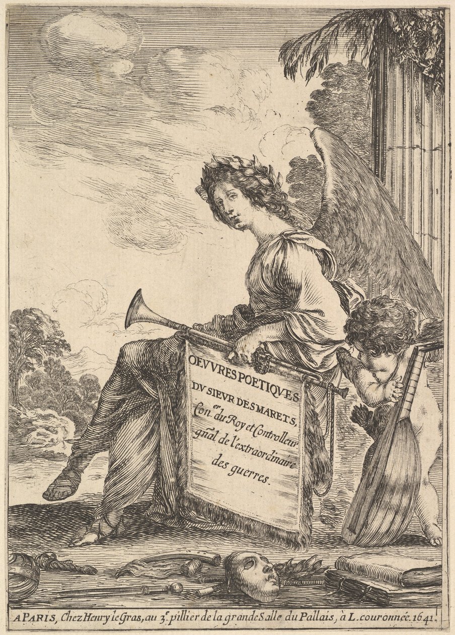 Frontispiz für Gedichte von Desmarets Oeuvres poétiques de Desmarets: eine geflügelte Frau von Stefano della Bella
