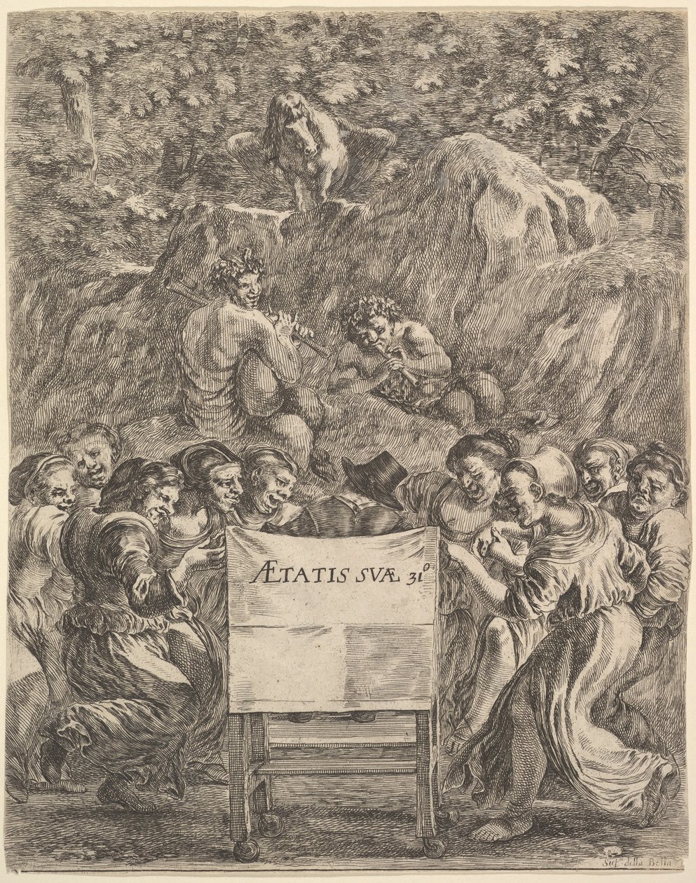 Frontispiz für Die Werke von Scarron, der Dichter sitzt in einem Stuhl..., 1649 von Stefano della Bella