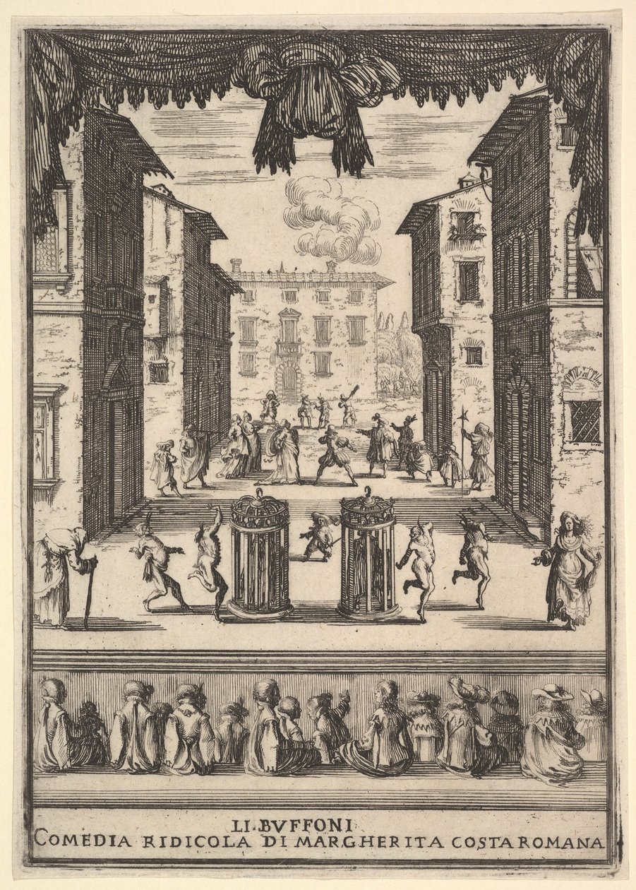 Frontispiz für die Komödie Die Buffonen, ein Bühnenbild, das einem Puppentheater ähnelt, 1639-41 von Stefano della Bella
