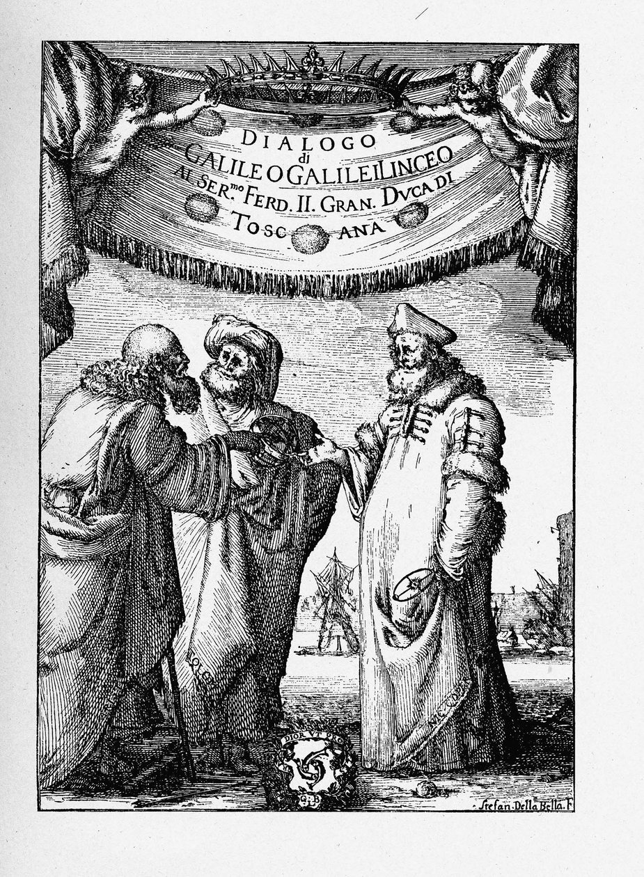 Frontispiz des Dialogs über die zwei wichtigsten Weltsysteme von Galileo Galilei, 1632 von Stefano della Bella