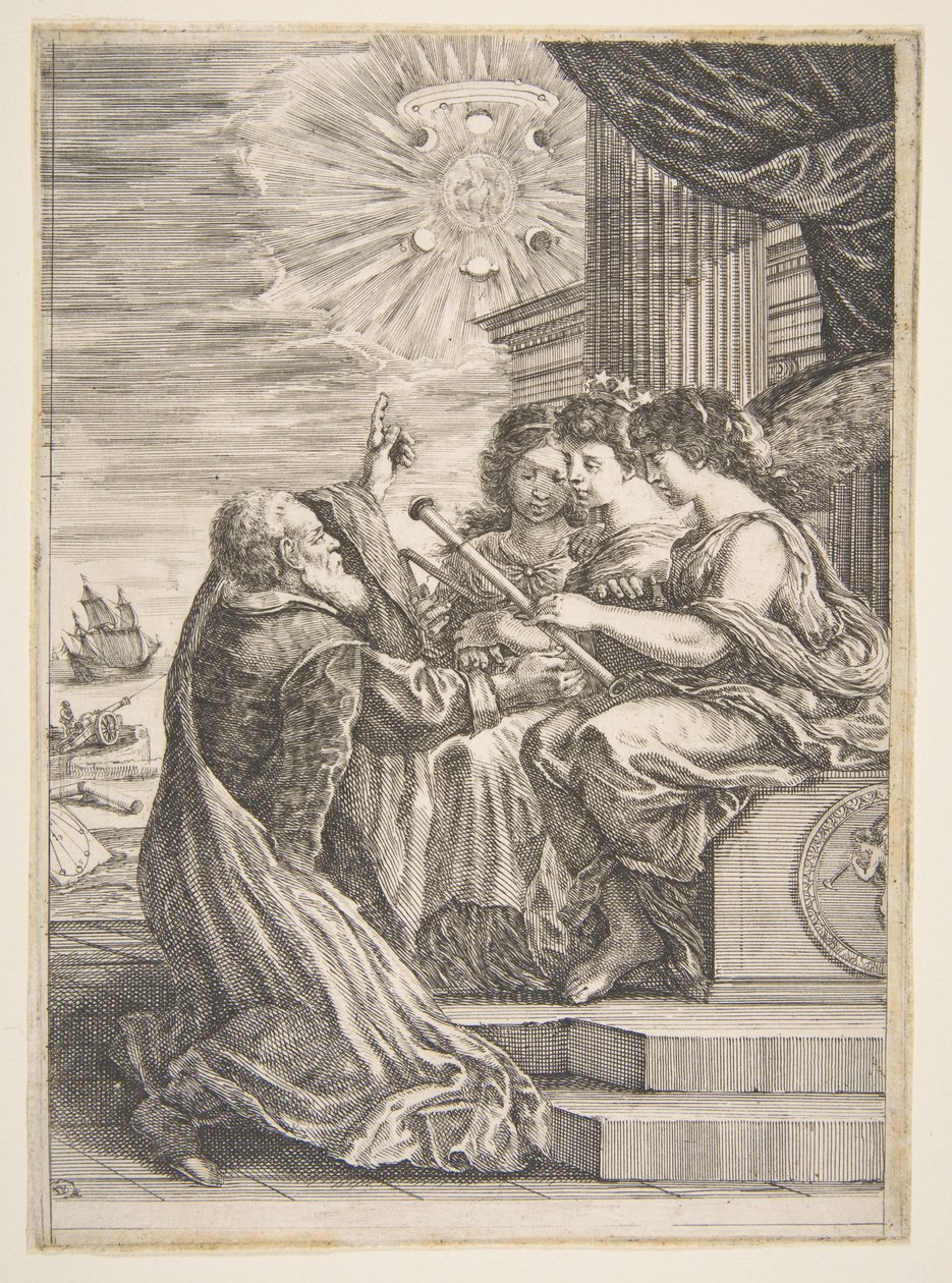 Galileo und Personifikationen der Astronomie, Perspektive und Mathematik, Frontispiz von Stefano della Bella