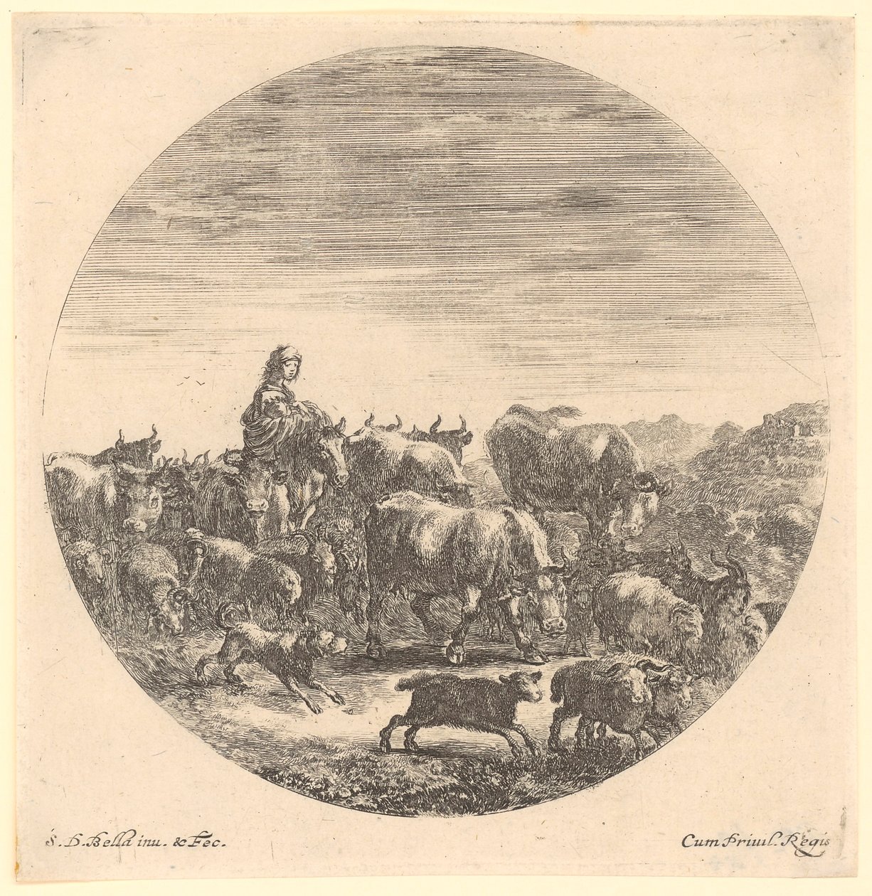Hirtin zu Pferd mit Kuh- und Schafherde, Blatt 5 der Folge "Sechs Tiermotive in runder Darstellung" von Stefano della Bella