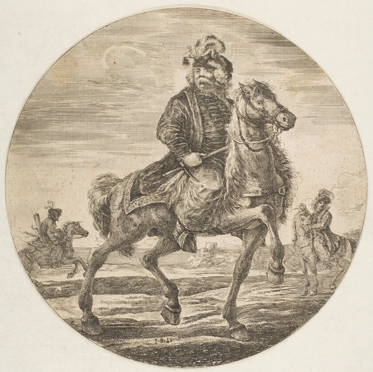 Ungarischer Reiter reitet nach rechts, andere Reiter im Hintergrund von Stefano della Bella