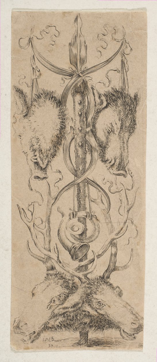 Jagdtrophäe mit Hirschköpfen unten, ca. 1653 von Stefano della Bella