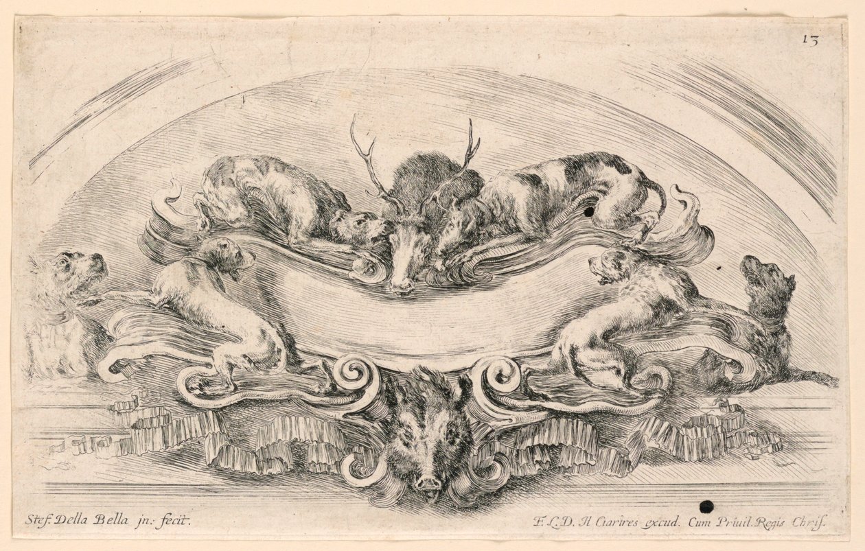 Lunette mit Wappen, Nr. 13 aus "Raccolta di varii cappriccii et nove inventioni di cartelle et ornamenti" von Stefano della Bella