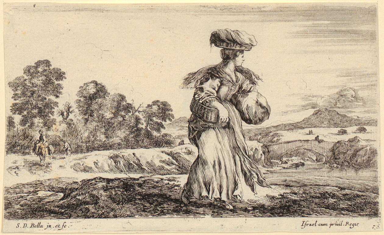 Nach rechts schreitende Bäuerin, Blatt 1 der Folge "Verschiedene Figuren und Länder" von Stefano della Bella