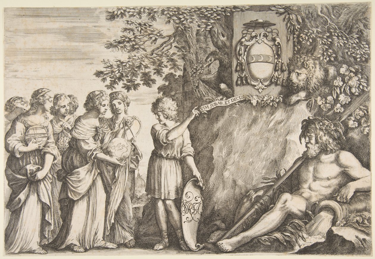 Ornamententwurf für eine These, das Wappen der Strozzi oben von Stefano della Bella