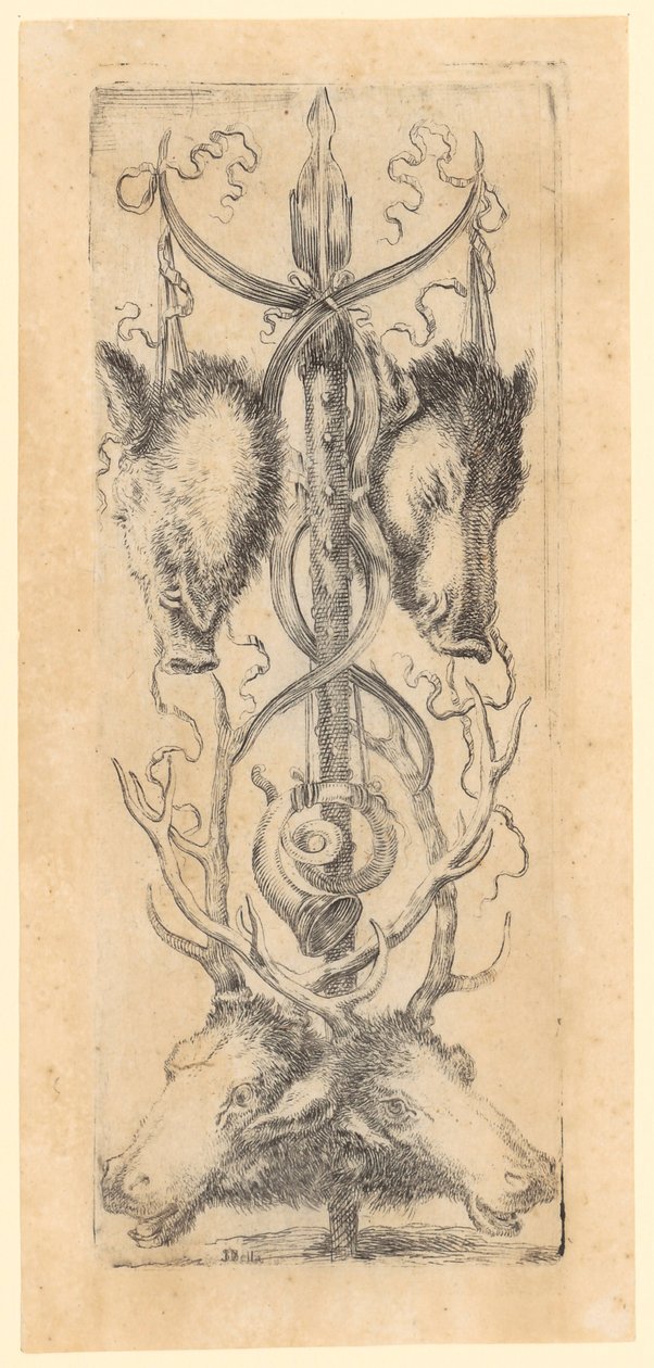 Ornamentales Panel mit zwei Windschweinköpfen oben, zwei Hirschköpfen unten und einem Horn in der Mitte, Blatt 8 der Folge "Ornamente oder Grotesken" von Stefano della Bella