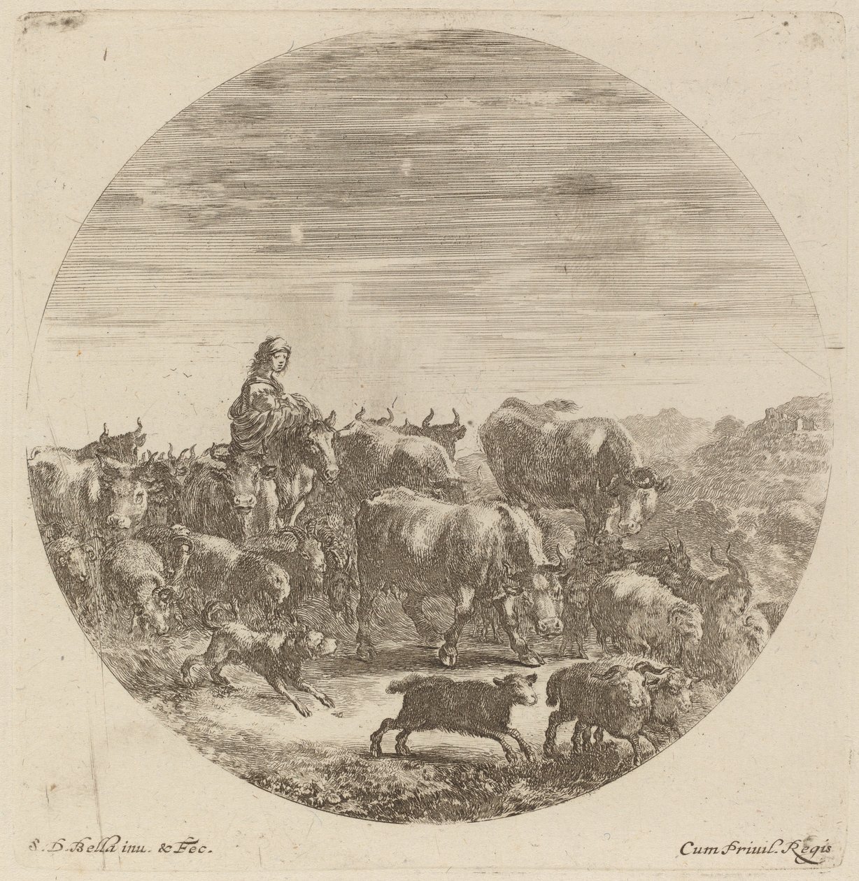 Bauer auf einem Pferd mit Kühen, Schafen und Ziegen von Stefano della Bella