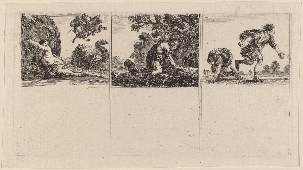 Perseus und Andromeda, Cephalus und Procris, Hippomene und Atalantus, 1644 von Stefano della Bella
